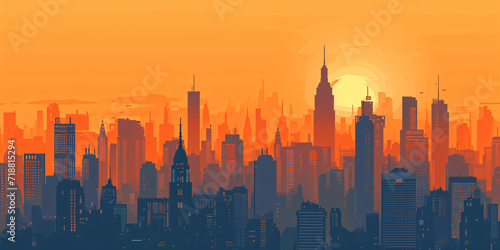 Golden Hour Glory: A Panoramic View of a Majestic City Skyline Bathed in the Warm Glow of Sunset