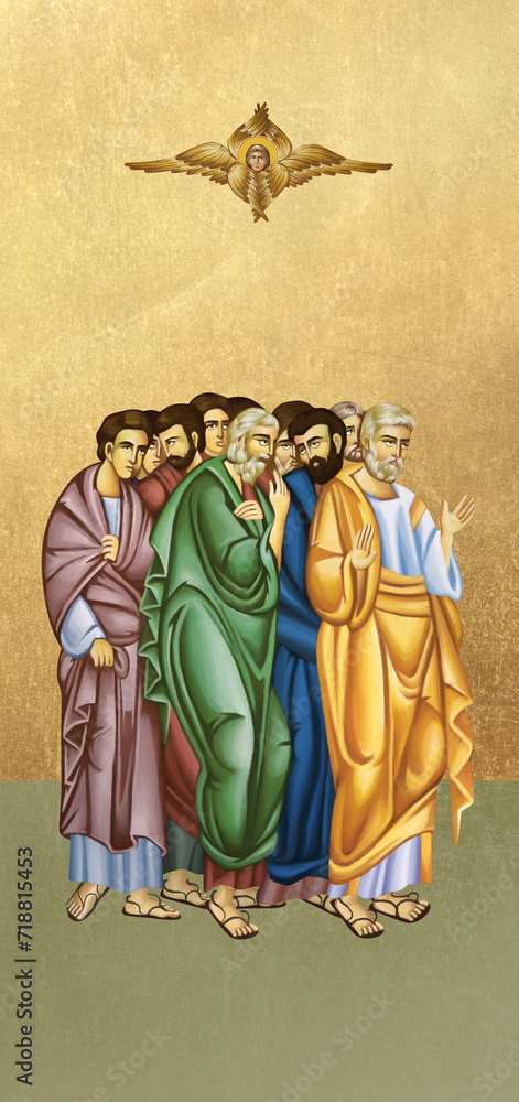 Traditional orthodox icon of saints. Christian antique illustration on golden background in Byzantine style