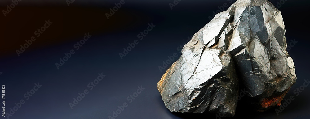 Argyrodite is a rare precious natural stone on a black background. AI generated. Header banner mockup with space.