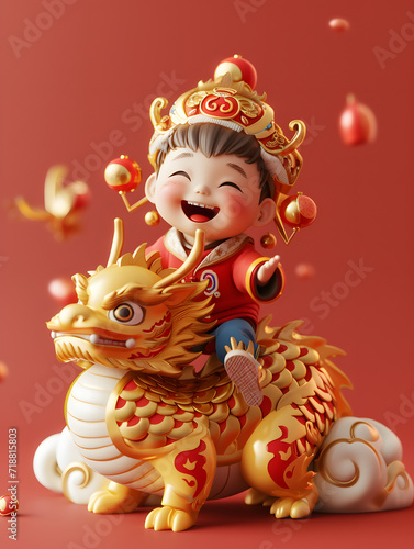 boy sitting Chinese dragon statues, celebrating Chinese New Year, surrounded 