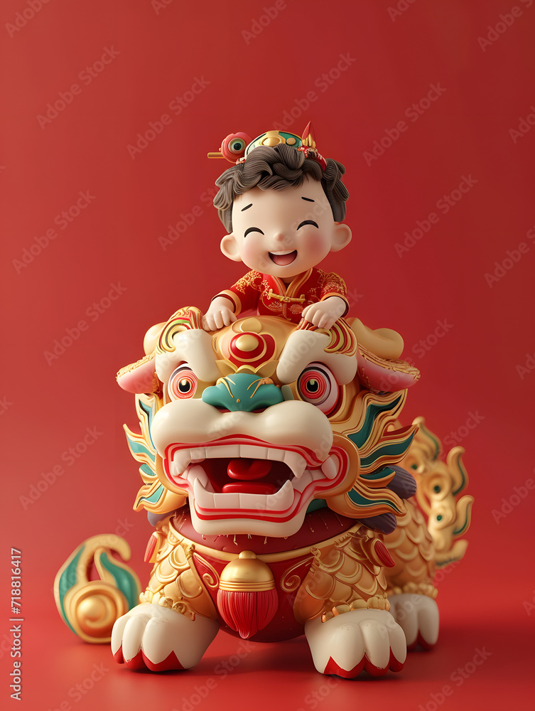 Chinese dragon and lion statues, celebrating Chinese New Year, surrounded by Christmas toys and festive decorations