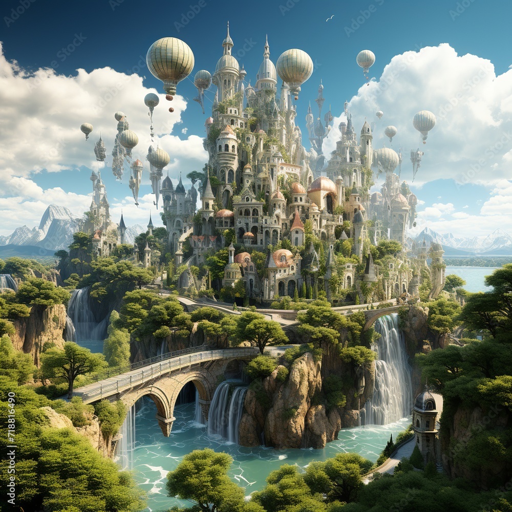 Pink magic castle on floating island in blue sky with fluffy clouds ...