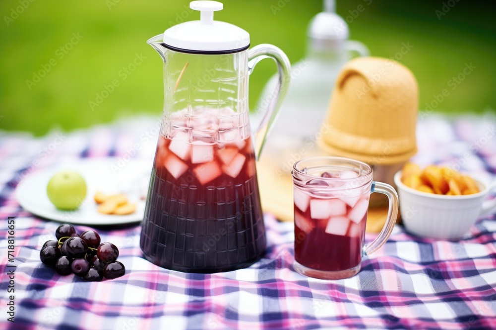 blackcurrant soda in a pitcher with glasses on a picnic blanket blackcurrant soda in a pitcher with glasses on a picnic blanket