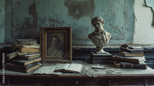 Haunting solitude of an abandoned mansion. An old table with books and picture frames and a statue
