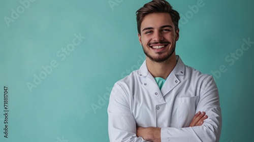 minimalist vivid advertisment background with handsome dentist and copy space