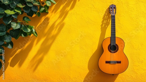 minimalist vivid advertisment background with handsome guitar musucian and co...
