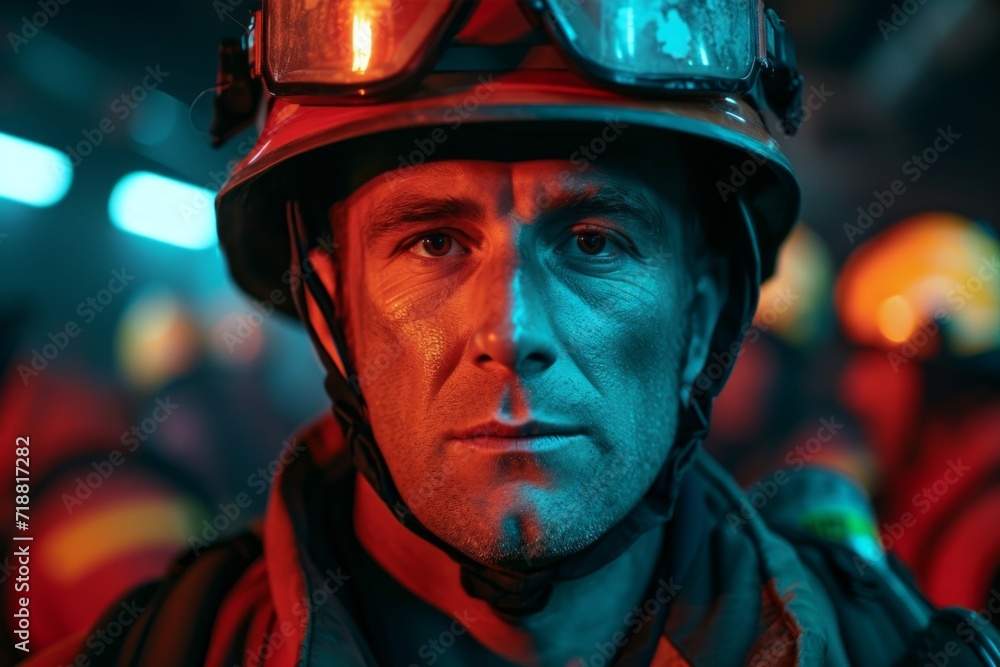 male firefighter wearing firefighter helmet and hat to the background of firefighters in uniform male firefighter wearing firefighter helmet and hat to the background of firefighters in uniform