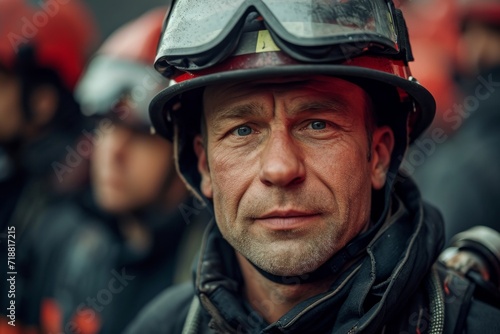 male firefighter wearing firefighter helmet and hat to the background of firefighters in uniform