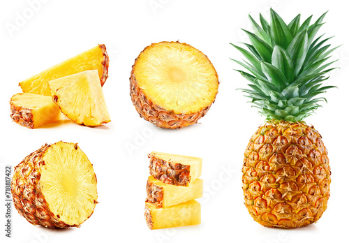 Fresh organic pineapple with leaves isolated on white background