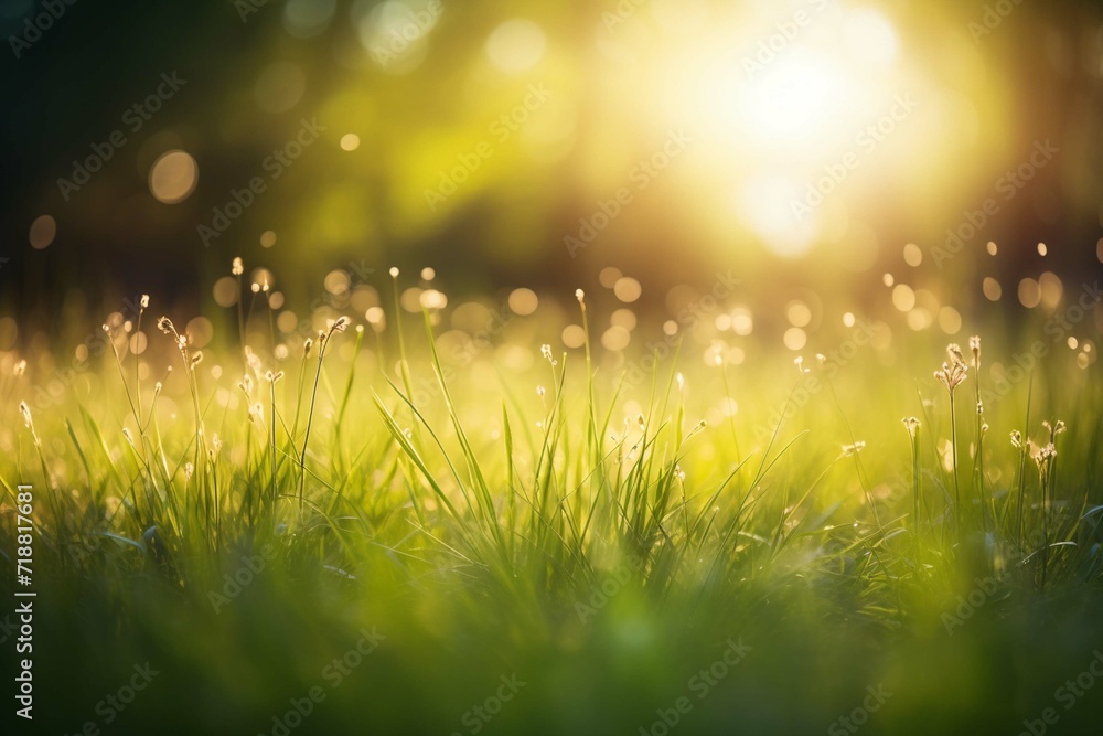 natural grass background with blurred bokeh and sun