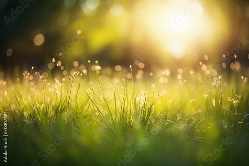 natural grass background with blurred bokeh and sun