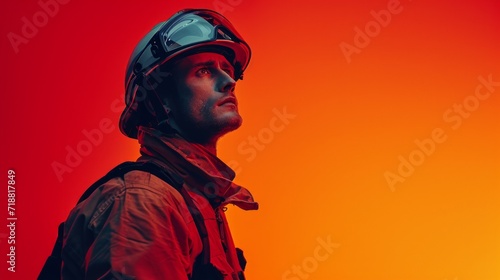 minimalist vivid advertisment background with handsome firefighter and copy space © olegganko