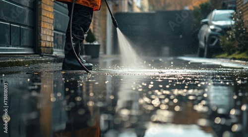 man cleaning pavement with a pressure washer