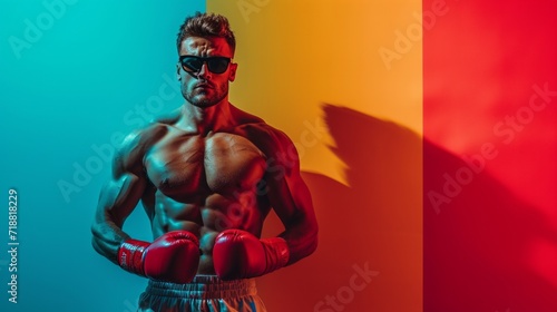 minimalist vivid advertisment background with handsome boxer and copy space