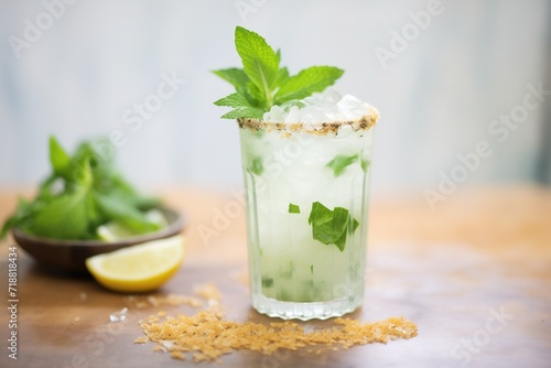 closeup of a mojito with fresh mint on top