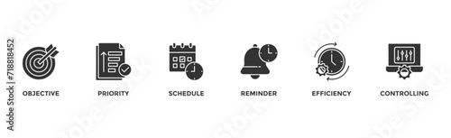 Time management banner web icon vector illustration concept with icon of objective, priority, schedule, reminder, efficiency, alerts, and controlling	