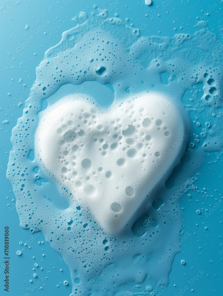Photography of White Soap or Bubble Bath Foam in a Heart Shape Set Against a Blue Background