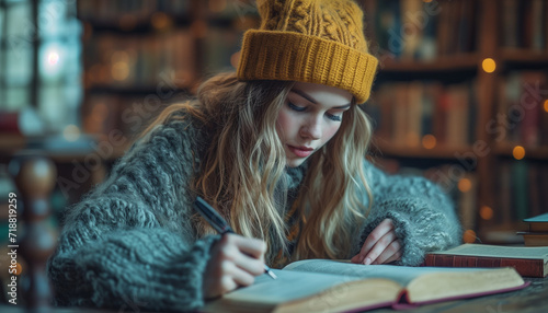 Young woman in yellow hat, writing a book, taking notes in a book, studying, working, sitting in a cold library