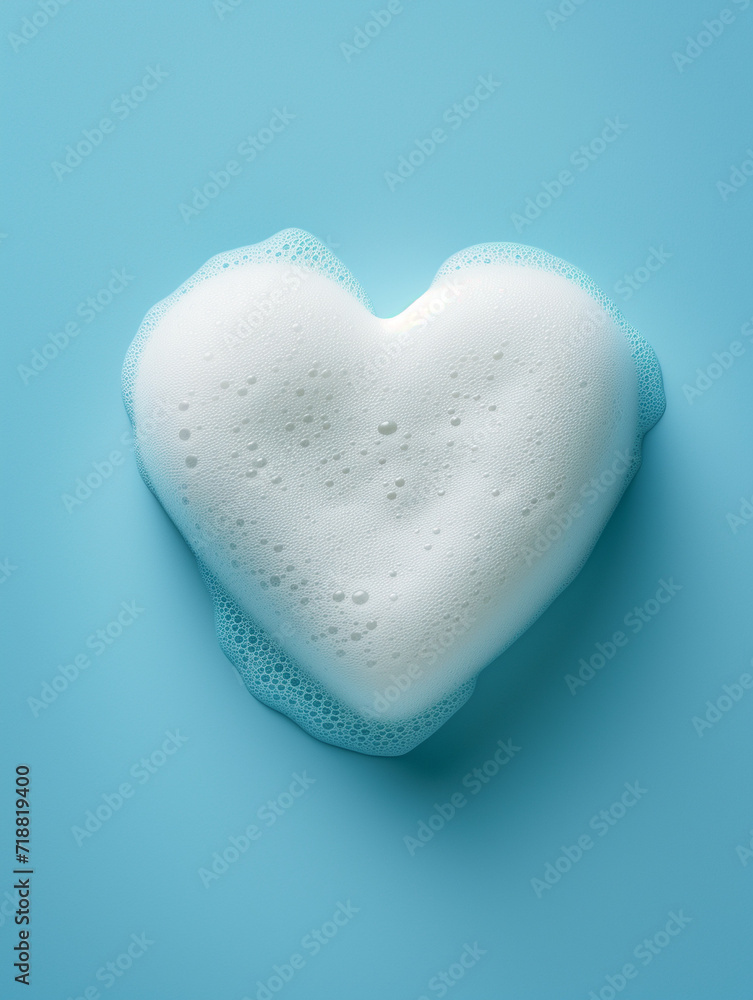 Photography of White Soap or Bubble Bath Foam in a Heart Shape Set Against a Blue Background Photography of White Soap or Bubble Bath Foam in a Heart Shape Set Against a Blue Background