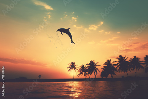 Retro photo effects of tropical island with palms, sunset and dolphin