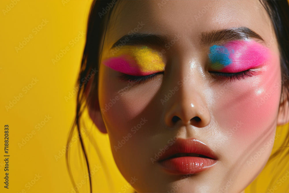 Intense close-up of an Asian woman with bold pink and yellow eyeshadow, her eyes closed, showcasing a fusion of vivid colors on a yellow background. Intense close-up of an Asian woman with bold pink and yellow eyeshadow, her eyes closed, showcasing a fusion of vivid colors on a yellow background.