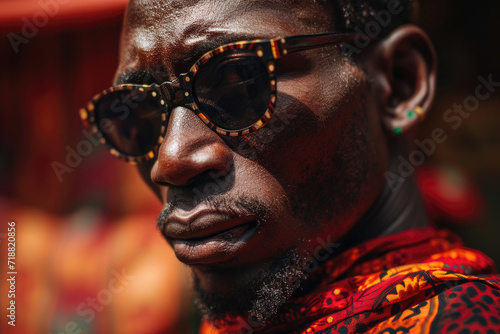 Close-up of an African man with patterned sunglasses and a vibrant traditional shirt, detail-rich and expressive.