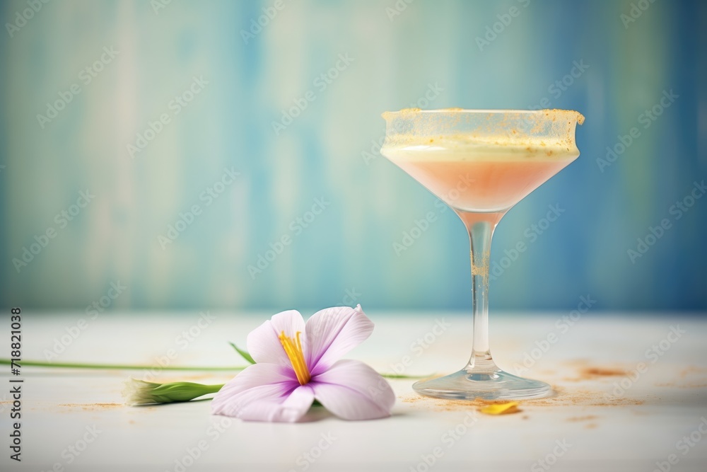 classic cosmo with a flower petal garnish, soft texture, pastel color palette