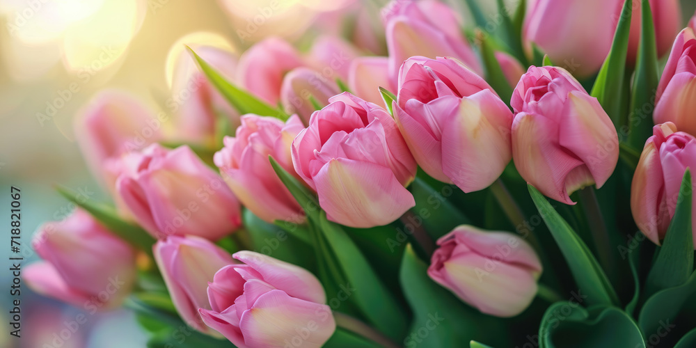 Beautiful bouquet of pink tulips on a blurred background. Ai generation. Beautiful bouquet of pink tulips on a blurred background. Ai generation.