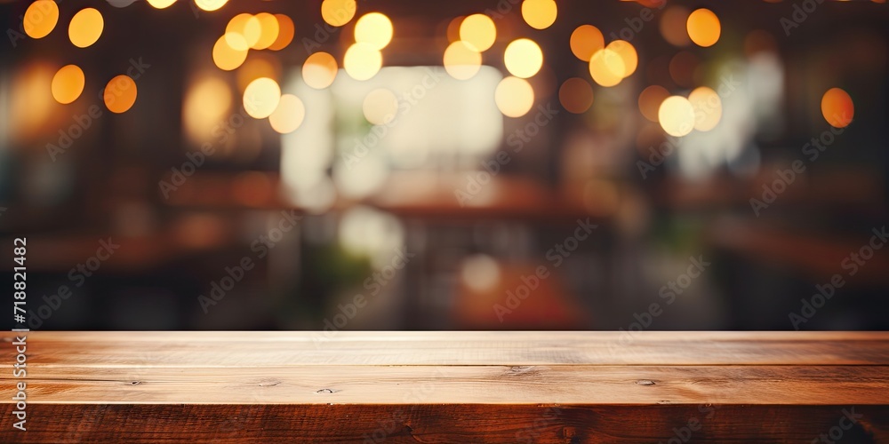 Empty wooden table in coffee shop with blurred background and bokeh, for displaying products.