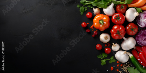Fresh vegetables and ingredients for cooking are showcased in a top view with a dark background, Fresh vegetables on black background.
