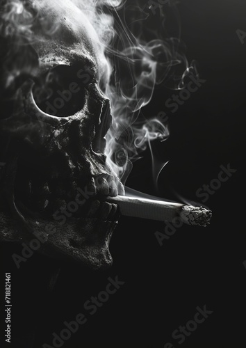 Cigarette smoke in the shape of skull on black background. Stop smoking concept,copy space photo