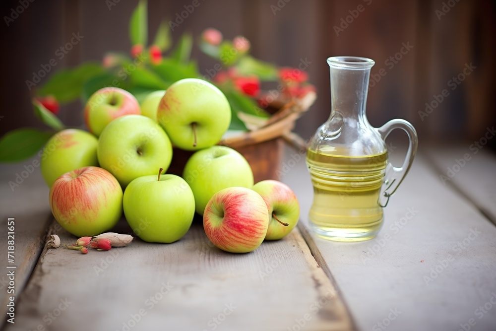 fresh apples by a cider jug on a rustic table fresh apples by a cider jug on a rustic table