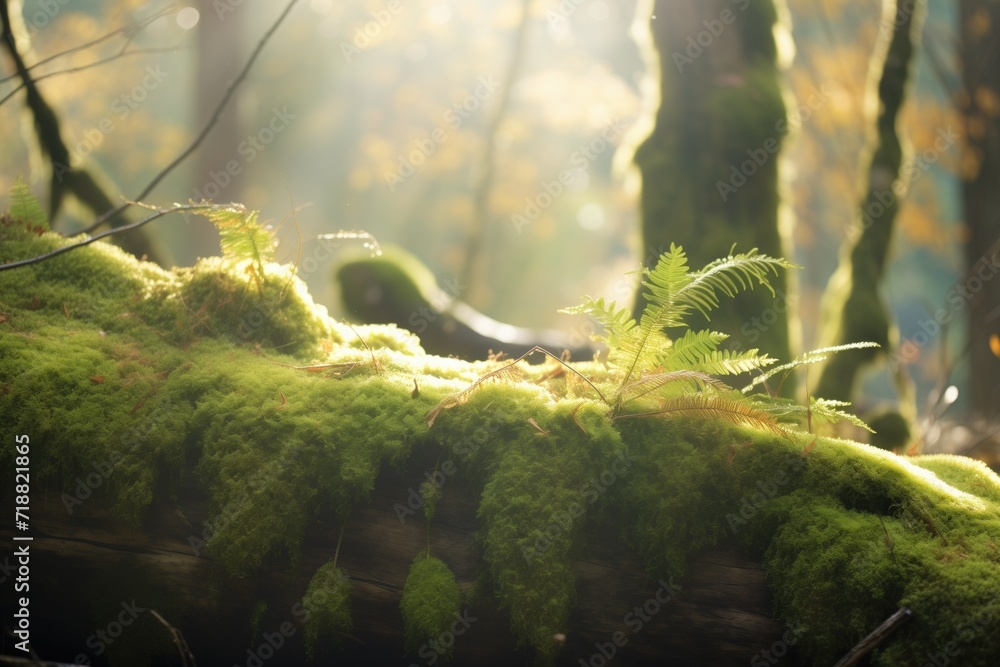 Fototapeta premium sunbeams piercing through dense forest foliage onto a mossy rock