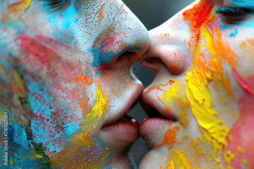 Macro shot of two people with faces artistically smeared with colorful paint, lips parted and nearly touching in a tender moment.
