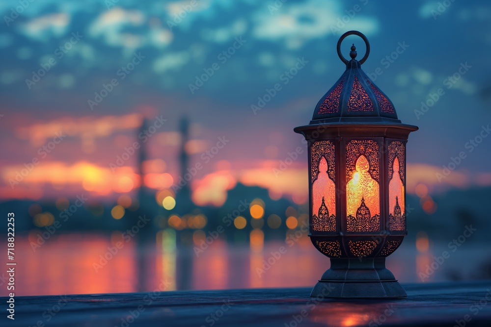 Decorative Arabic lantern with burning candle glowing in the evening, Ramadan Kareem Decorative Arabic lantern with burning candle glowing in the evening, Ramadan Kareem