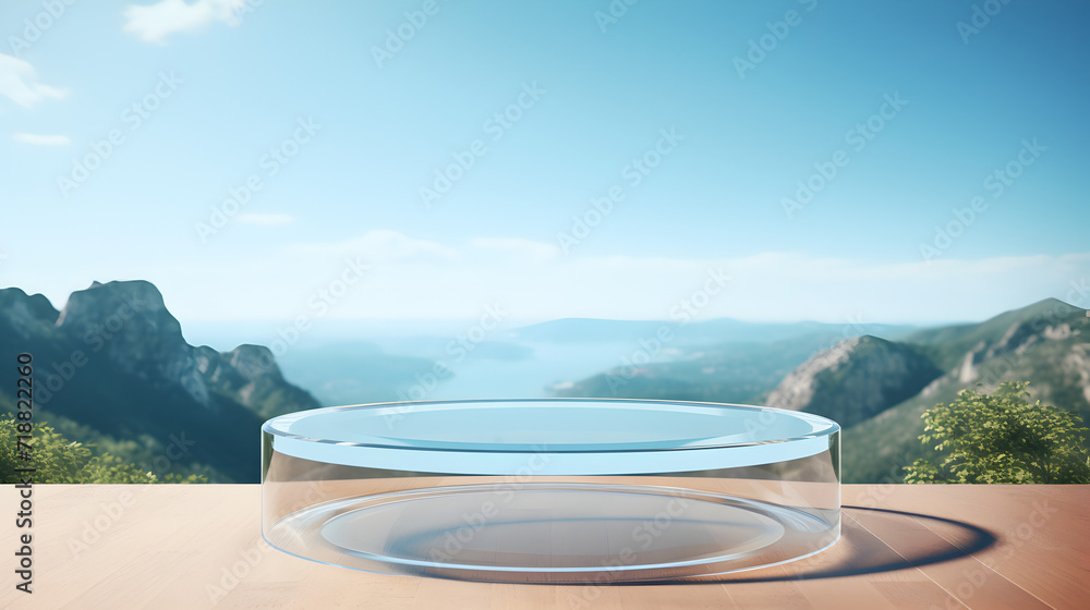 Empty round glass podium opposite beautiful snowy mountain landscape background with blue sky,,
Abstract curve glass geometry background, 3d rende
