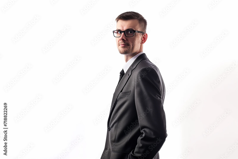 portrait of businessman hands on waist on white isolated background portrait of businessman hands on waist on white isolated background
