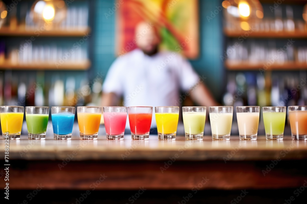 row of colorful daiquiri samples on a modern bar, bartender in the background row of colorful daiquiri samples on a modern bar, bartender in the background