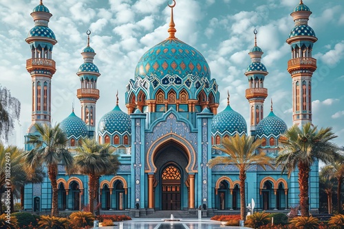 Mosque Marvel: A Blue and Gold Treasure in the Desert Generative AI photo