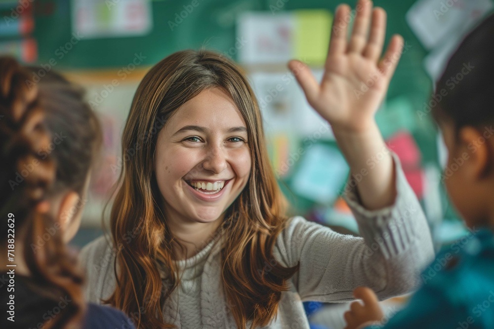 Happy teacher and schoolgirl giving high five during class at school.