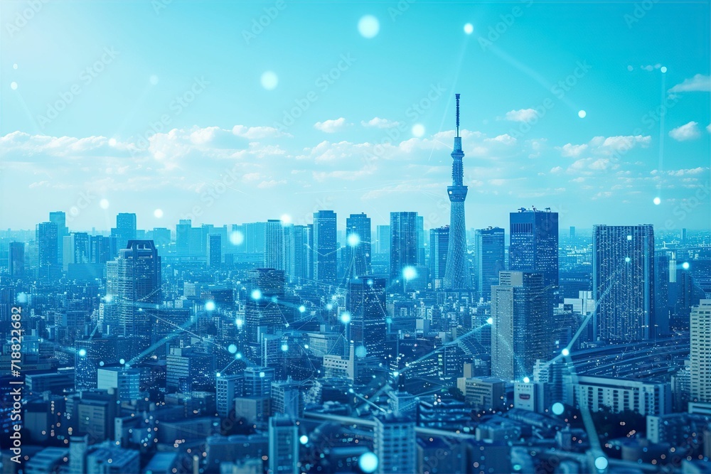 日本の都市とネットワークのイメージ（テクノロジー・データ通信・スマートシティ・ビッグデータ）