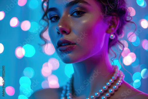 Sultry portrait of a woman in pink and blue neon ambiance, her features highlighted with a soft focus and dreamy bokeh backdrop.