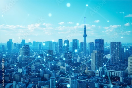 日本の都市とネットワークのイメージ（テクノロジー・データ通信・スマートシティ・ビッグデータ）