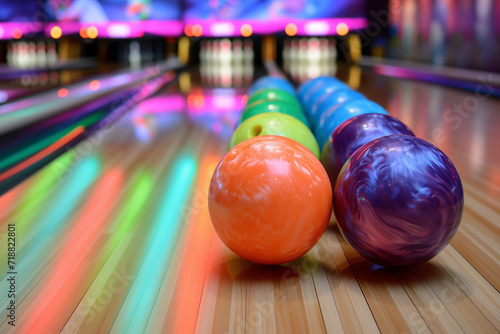 bowling ball and pins on the table. Vibrant neon-lit bowling balls on a polished lane at a modern bowling alley. Bowling alley or lane with modern neon and LED lighting indoor. Bowling is a game 
