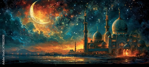 Arabian Nights: A Dreamy Nighttime Scene with a Majestic Mosque and a Stunning Starry Sky Generative AI photo