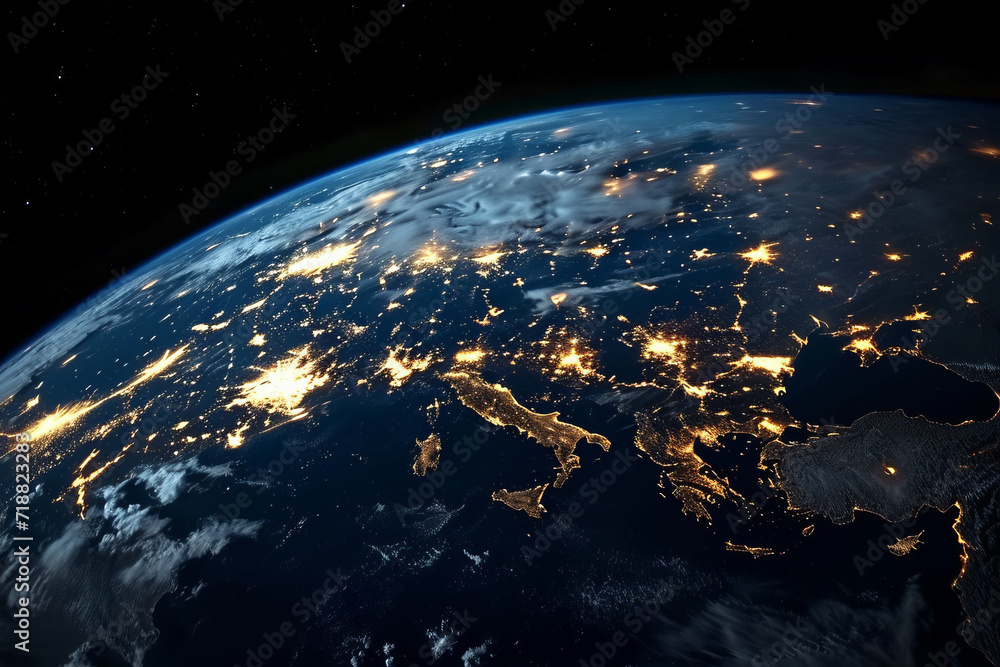 Planet Earth view from space at night. Europe continent's lights. - obrazy, fototapety, plakaty 