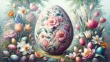 An elegant Easter eggs featuring delicate floral patterns and pastel shades, placed in a natural garden setting with blooming flowers.