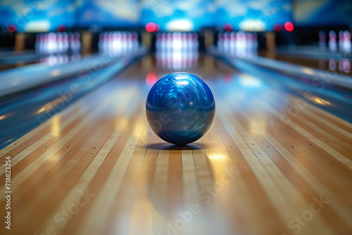 bowling ball and pins on the table. Vibrant neon-lit bowling balls on a polished lane at a modern bowling alley. Bowling alley or lane with modern neon and LED lighting indoor. Bowling is a game 