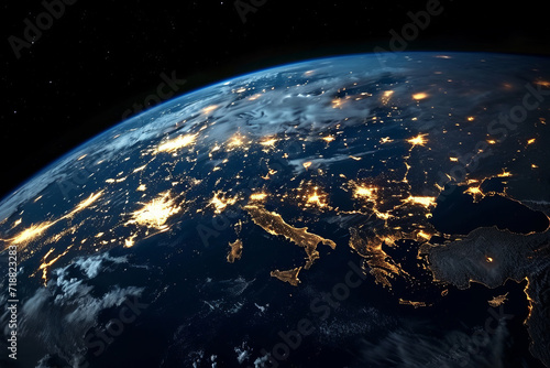 Planet Earth view from space at night. Europe continent's lights. photo