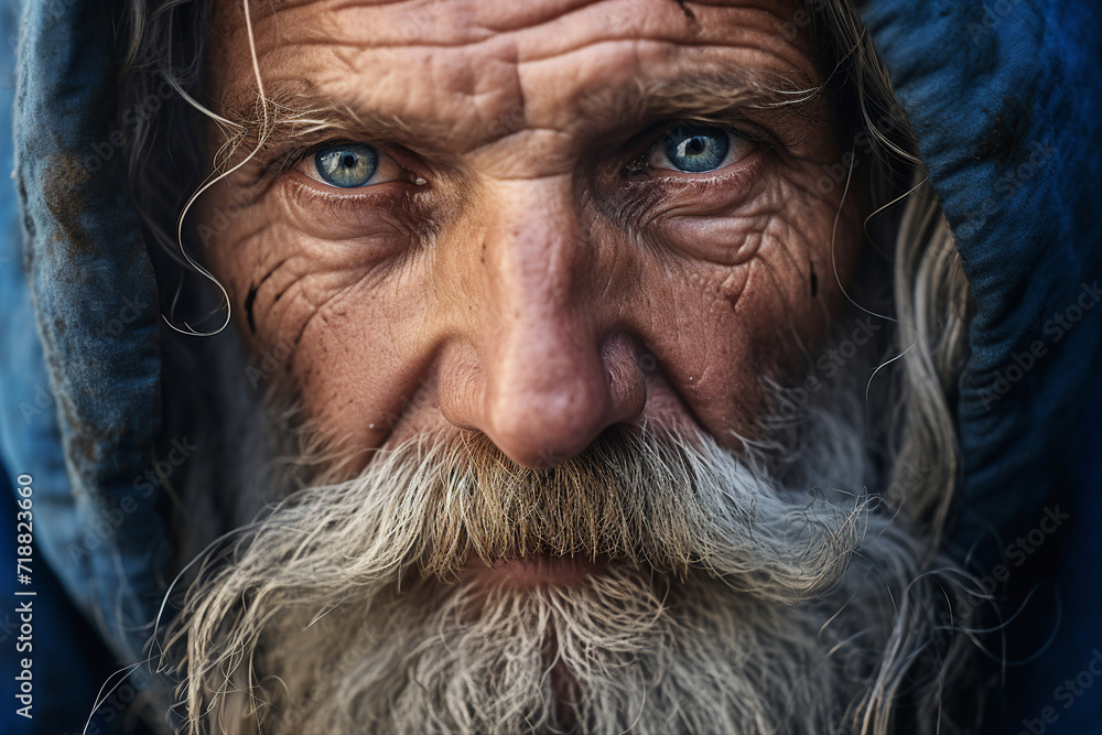 Close up photo of a homeless old man with dirty clothes and messy beard wrinkled face on cold rainy street generative ai Close up photo of a homeless old man with dirty clothes and messy beard wrinkled face on cold rainy street generative ai